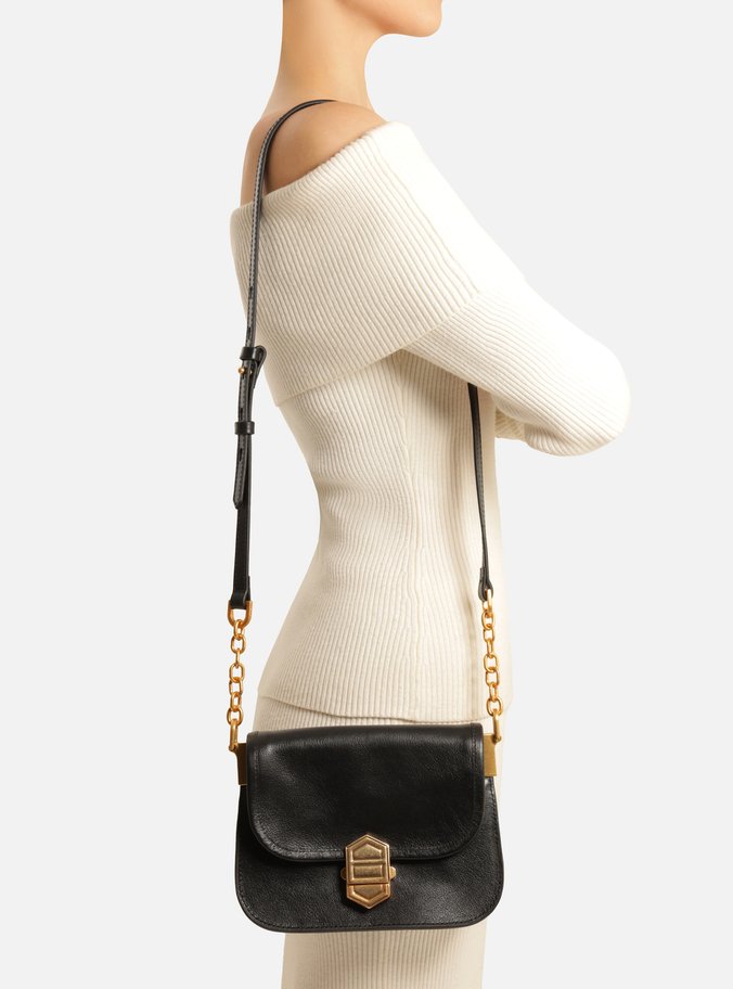 Bolsa Tiracolo Preta Couro Pequena Peça Metal