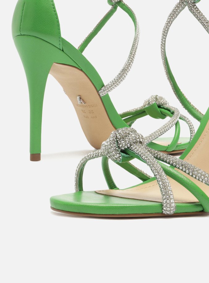Sandália Verde Salto Alto Fino Tiras Strass