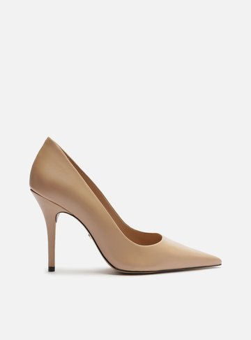 Scarpin Bege Couro Salto Alto Bico Fino