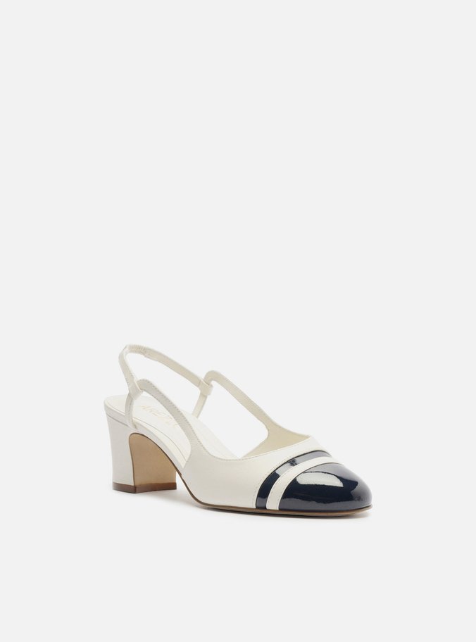Scarpin Branco Couro Bloco Cap Toe Marinho