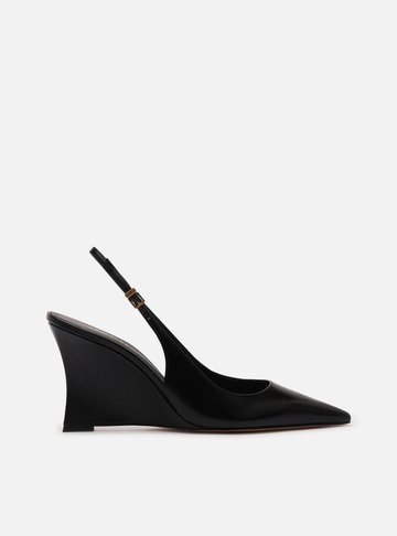 Scarpin Preto Couro Salto Alto Anabela Slingback