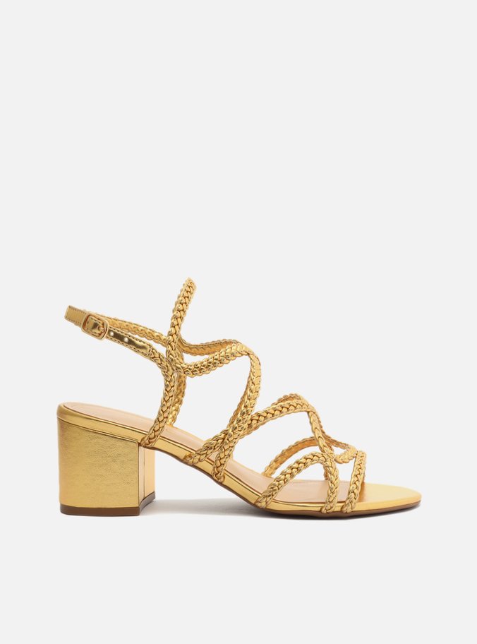 Sandália Dourada Salto Bloco Multi Tiras Trançada