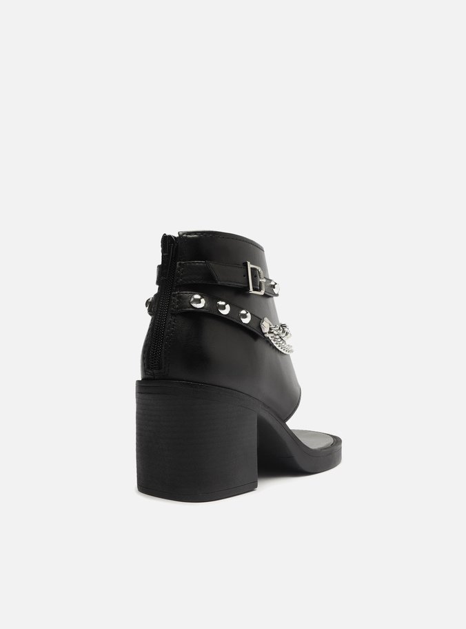 Sandal Boot Preta Couro Salto Bloco Corrente