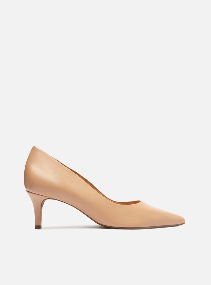 Scarpin Bege Couro Salto Baixo Fino Bico Fino