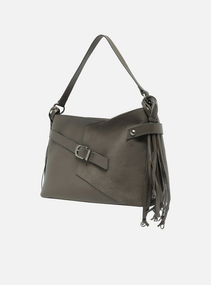 Bolsa Tote Cinza Couro Camurça Grande Tiras