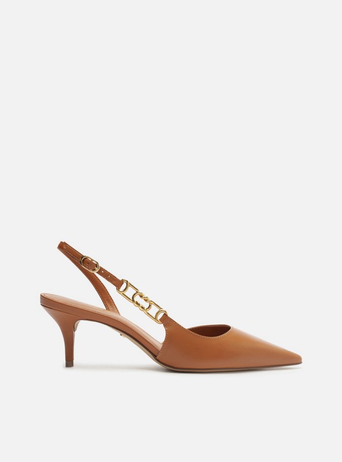 Scarpin Marrom Couro Bico Fino Detalhe Metal