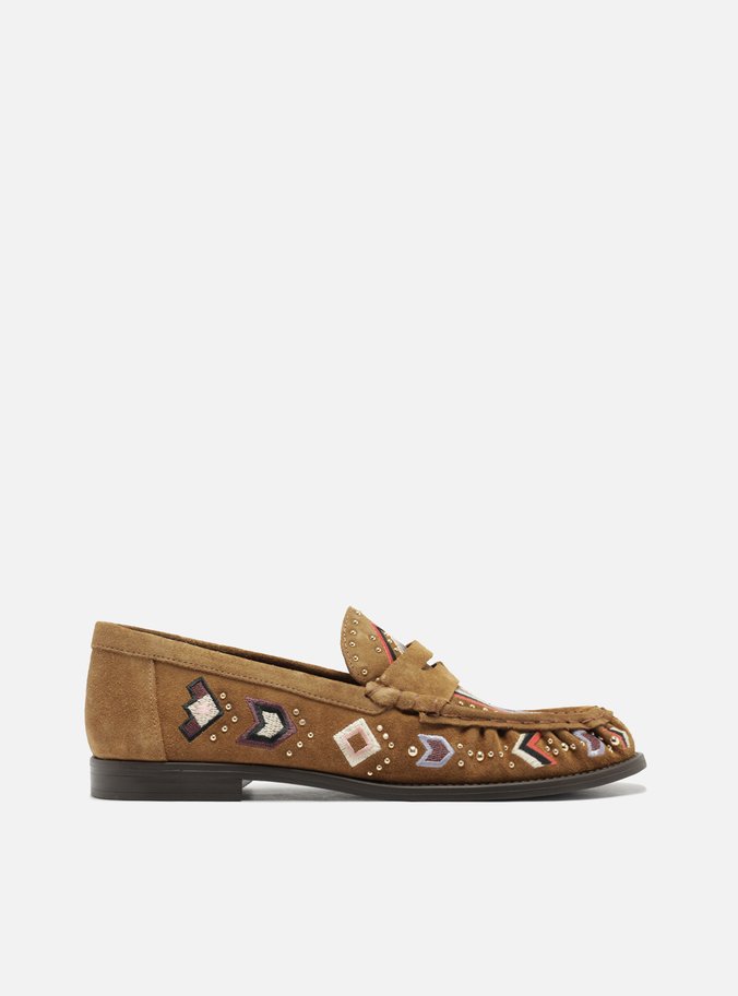 Mocassim Marrom Suede Bridão Metálico Bordado