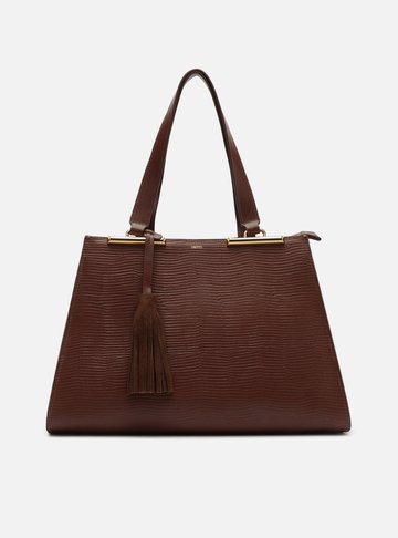 Arezzo — Bolsa Shopping Marrom Couro Grande Croco Franja