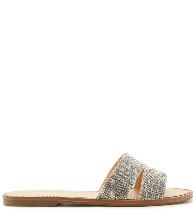 Rasteira Slide Malha Tiras Largas Brilho Cristal