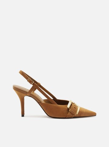 Arezzo — Scarpin Marrom Acamurçado Salto Fino Fivela Slingback
