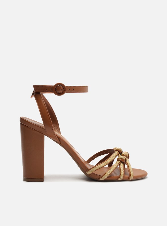 Sandália Marrom Salto Alto Bloco Multitiras