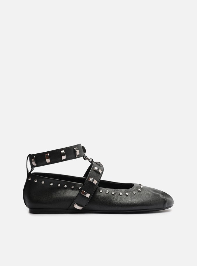 Sapatilha Boneca Preta Couro Metais Tira Ankle