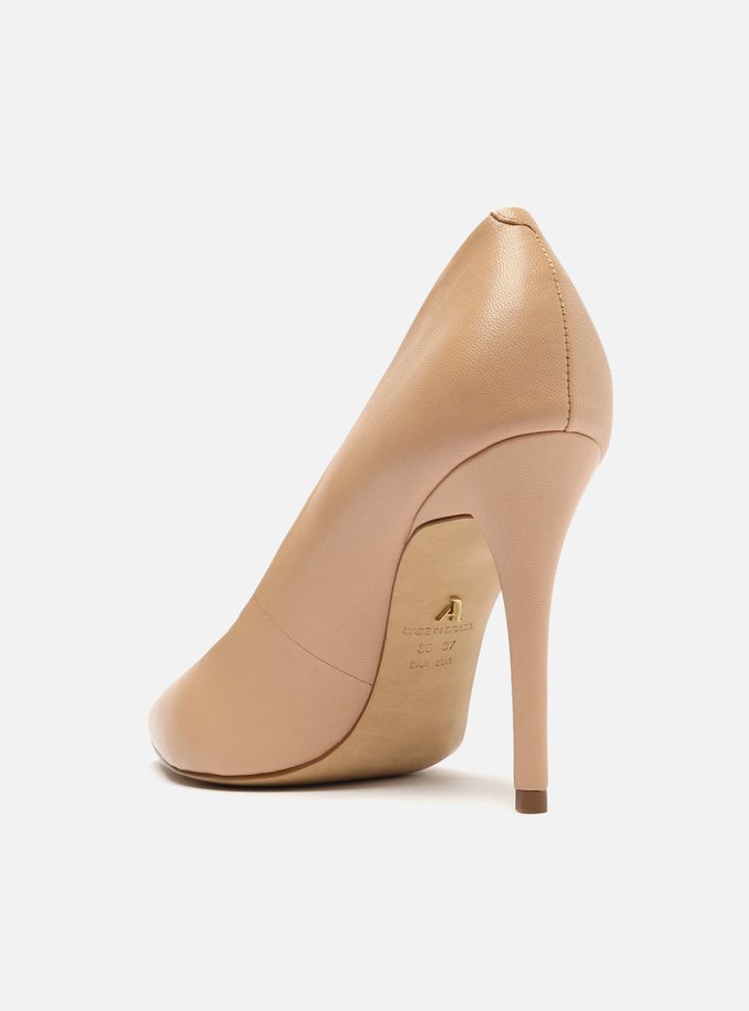 Scarpin Bege Couro Salto Alto Fino Bico Fino