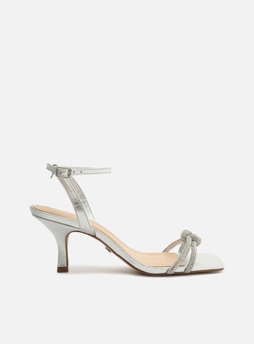 Sandália Prateada Salto Fino Strass Mykonos Special