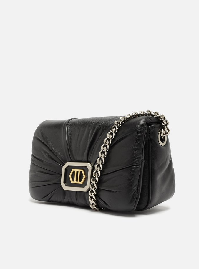 Bolsa Tiracolo Preta Couro Grande ID Bimetal