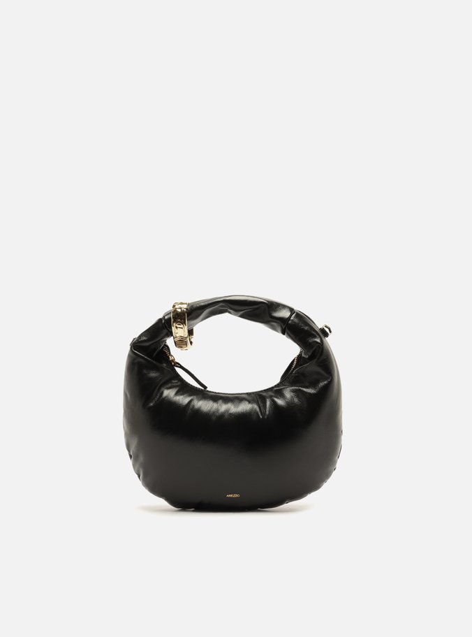Bolsa Hobo Preta Couro Pequena Metais