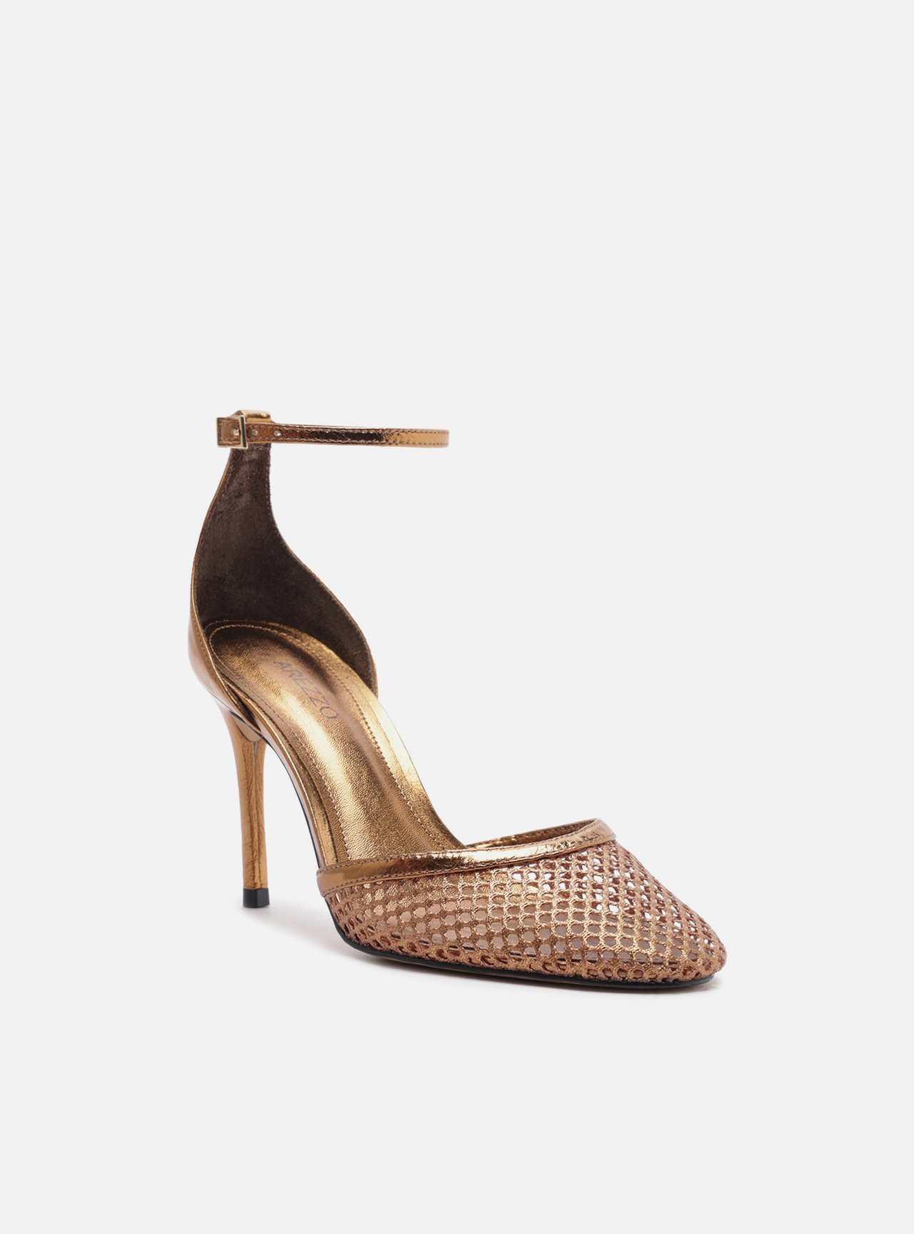 Scarpin Bronze Salto Alto Fino Aberto Tela — foto 2