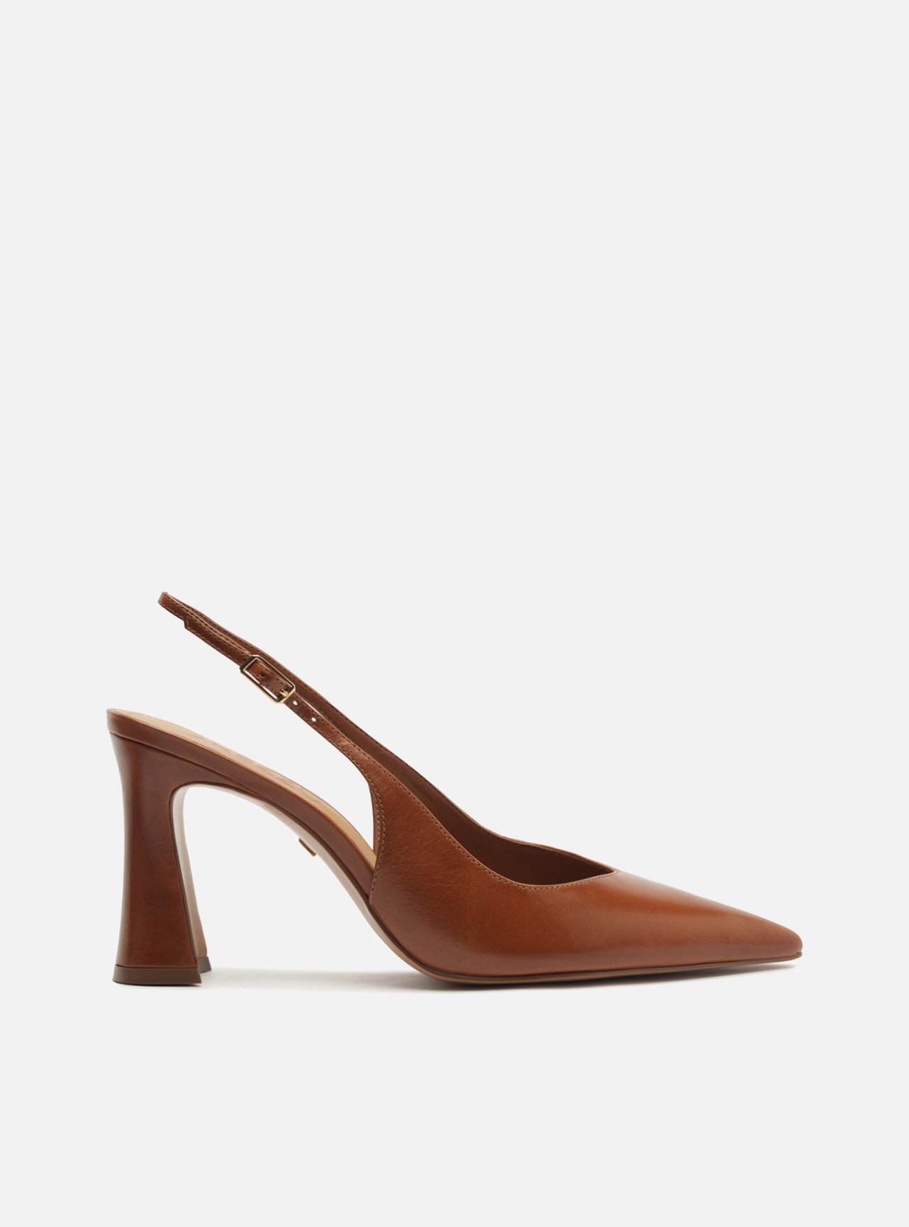 Scarpin Marrom Couro Salto Alto Flare Slingback — foto 1
