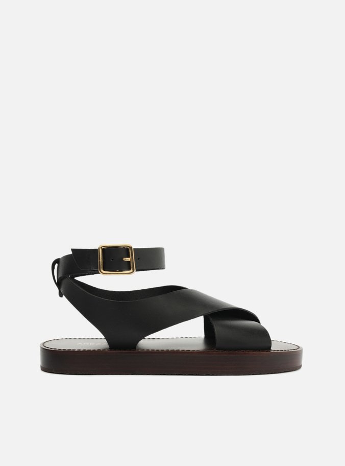 Sandália Preta Couro Flatform Tiras Largas