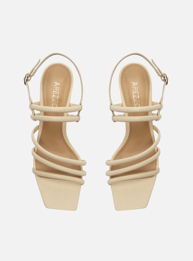 Sandália Off-White Couro Salto Bloco Redondo