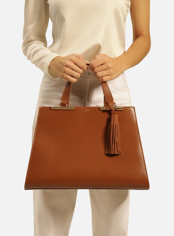 Bolsa Shopping Marrom Couro Grande Metal Barbicacho