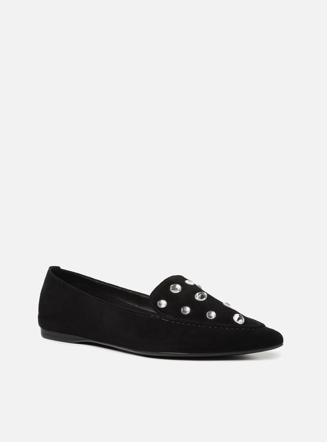 Mocassim Preto Couro Salto Rasteiro Strass