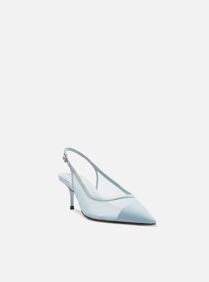 Scarpin Azul Tela Salto Kitten Slingback