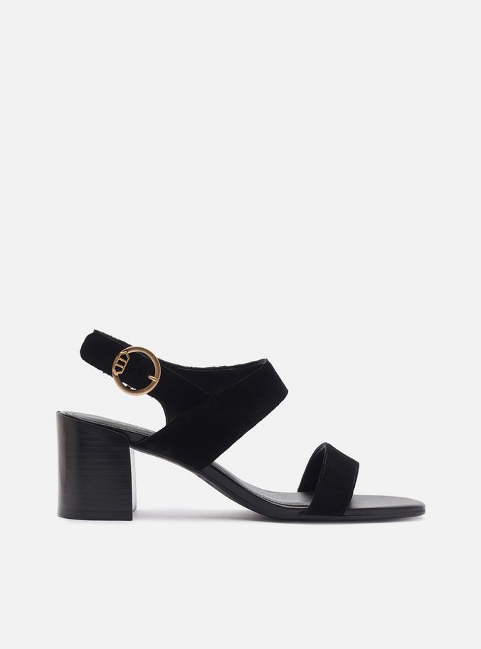 Sandália Preta Acamurçada Salto Bloco Fivela