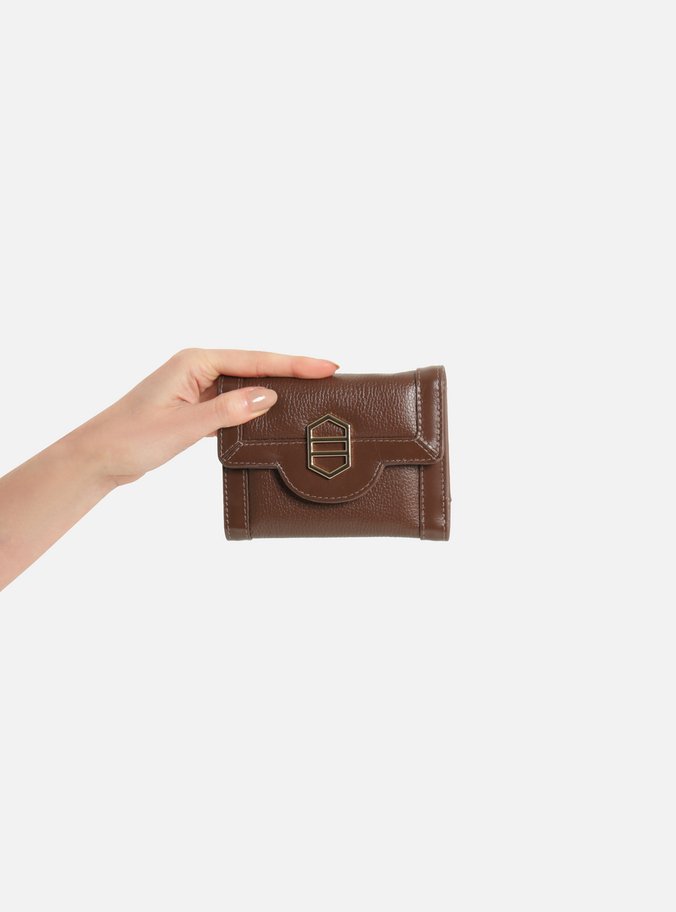 Carteira Marrom Escura Couro Pequena Moldura Metal