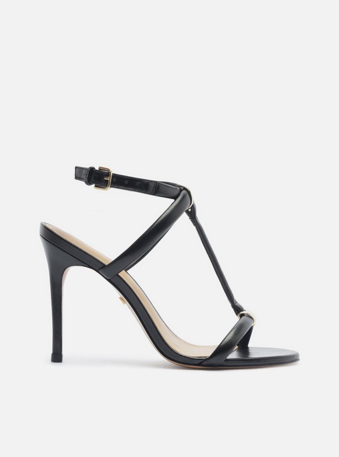 Sandália Preta Salto Alto Fino Elos Metálicos