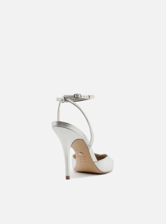 Scarpin Prata Couro Salto Alto Tira Metal