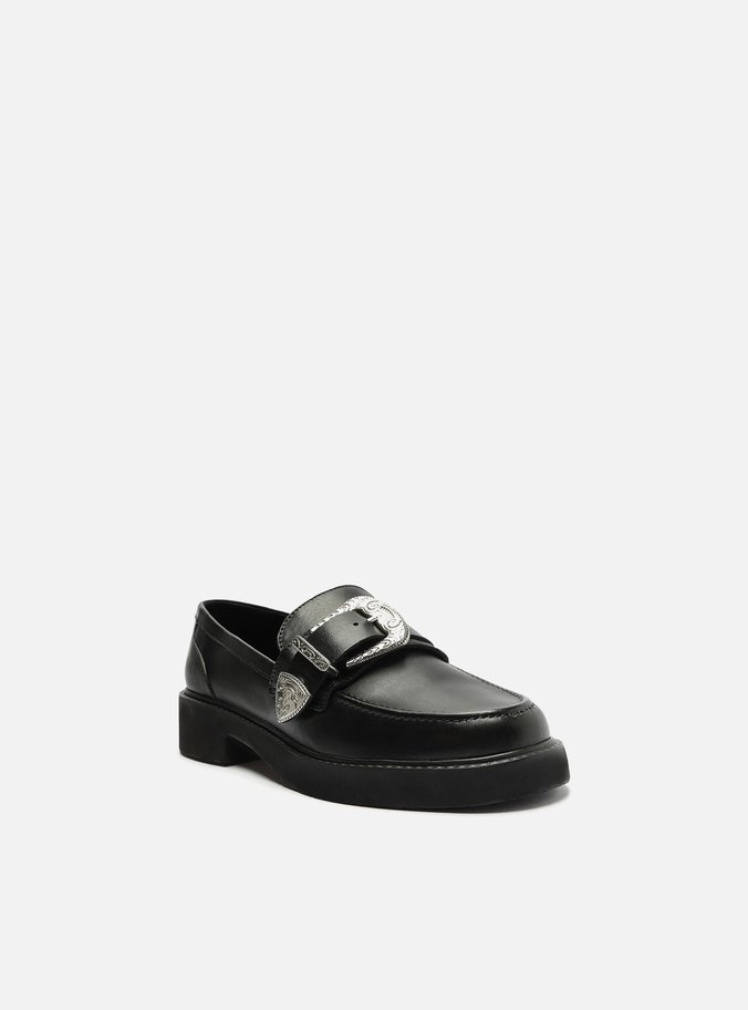 Mocassim Preto Couro Fivela Western