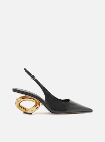 Scarpin Preto Couro Salto Geométrico Slingback