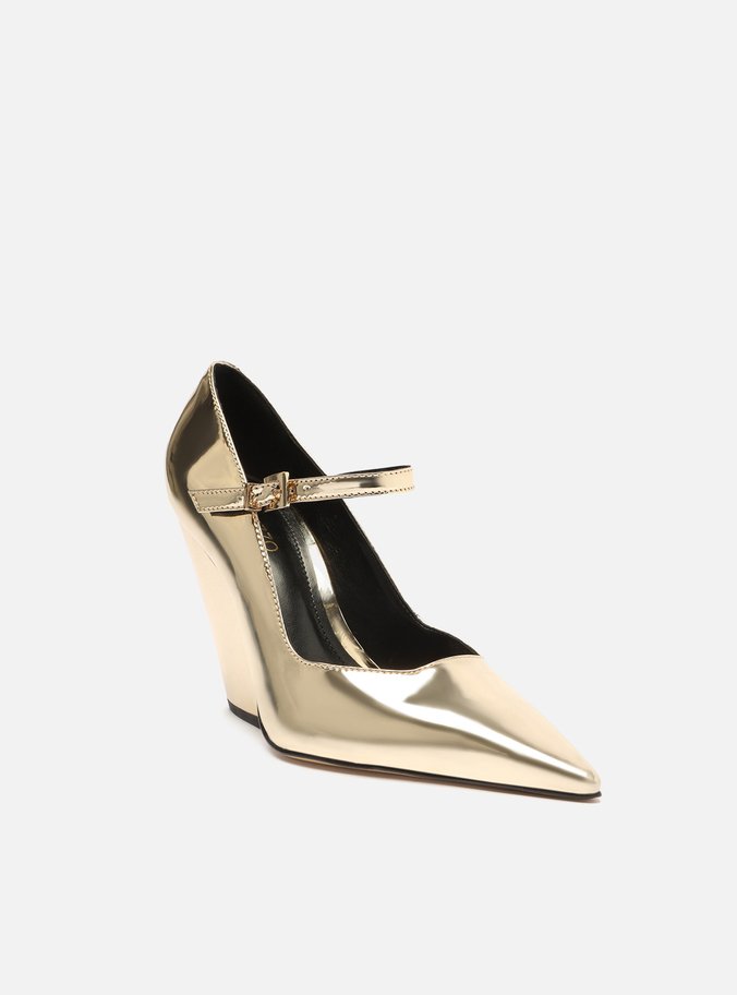 Scarpin Dourado Salto Bloco Bico Fino