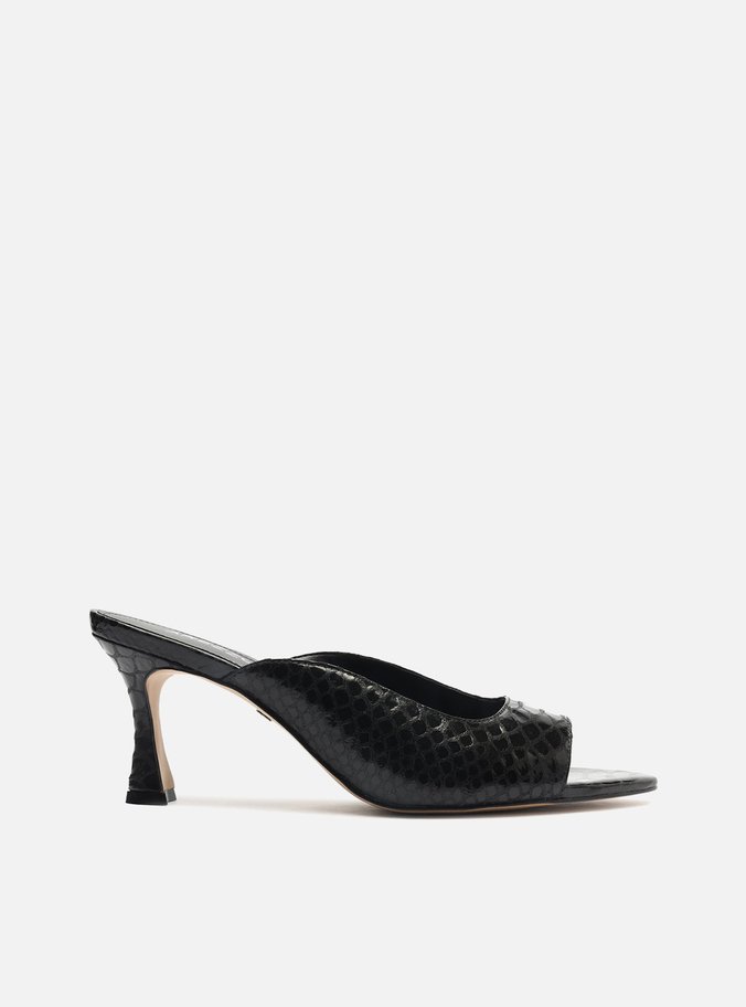 Mule Preta Snake Metal Salto Alto Aberta