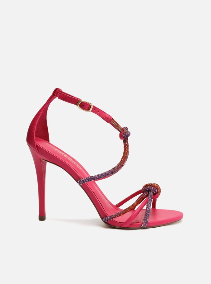 Sandália Rosa Couro Salto Fino Strass Fefe