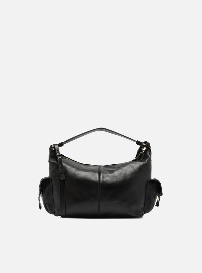 Bolsa Hobo Preta Couro Média Tira Ilhós