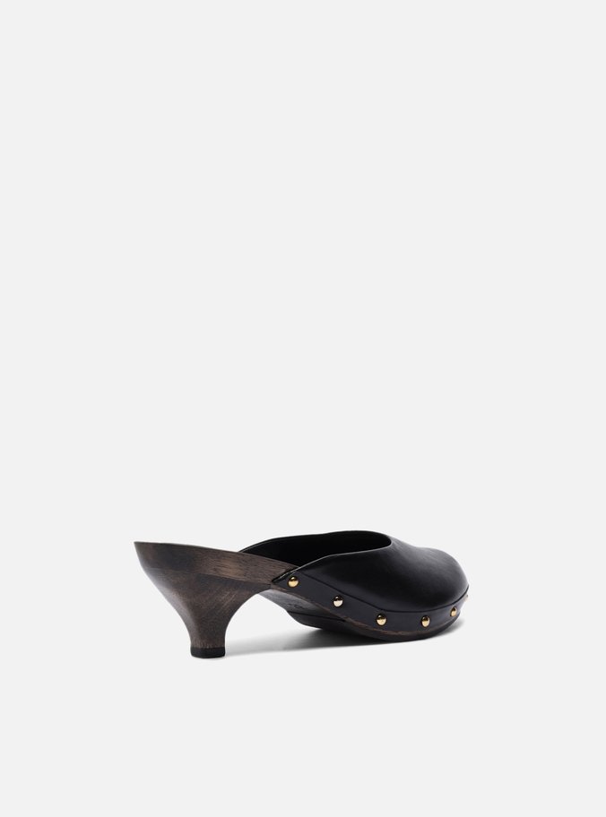 Mule Clog Preta Couro Salto Baixo