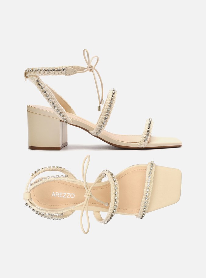 Sandália Off-White Salto Médio Bloco Strass Mykonos