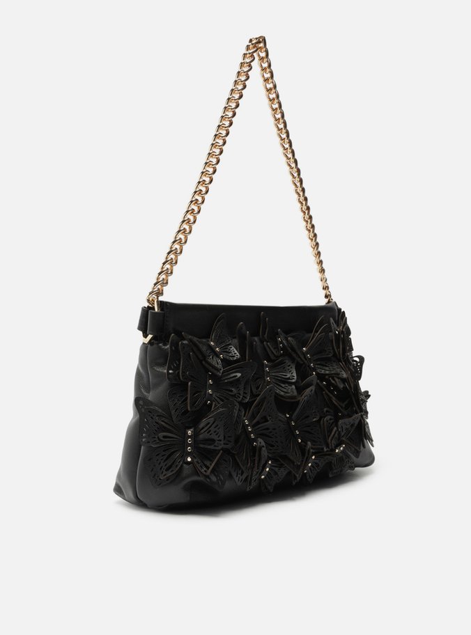 Clutch Preta Couro Pequena Borboletas