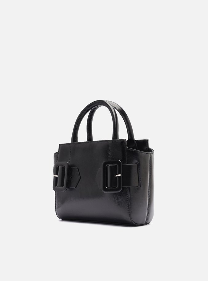 Bolsa Tote Preta Couro Pequena Fivelas