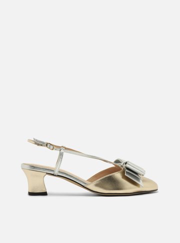 Scarpin Dourado Couro Salto Baixo Slingback Laço