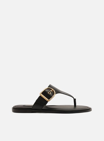 Rasteira Preta Couro Tira Thong Fivela