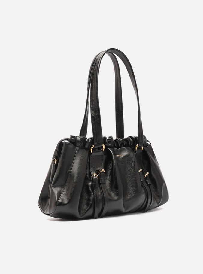 Bolsa Tiracolo Preta Couro Grande Fivelas