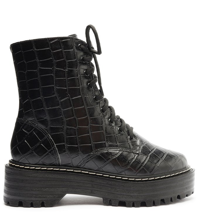 Coturno Preto Croco Salto Flatform Tratorado [PRÉ VENDA]