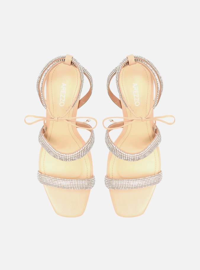 Sandália Nude Bloco Bico Quadrado Strass