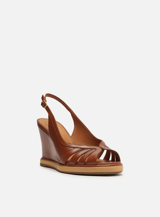 Sandália Marrom Couro Salto Alto Anabela Slingback