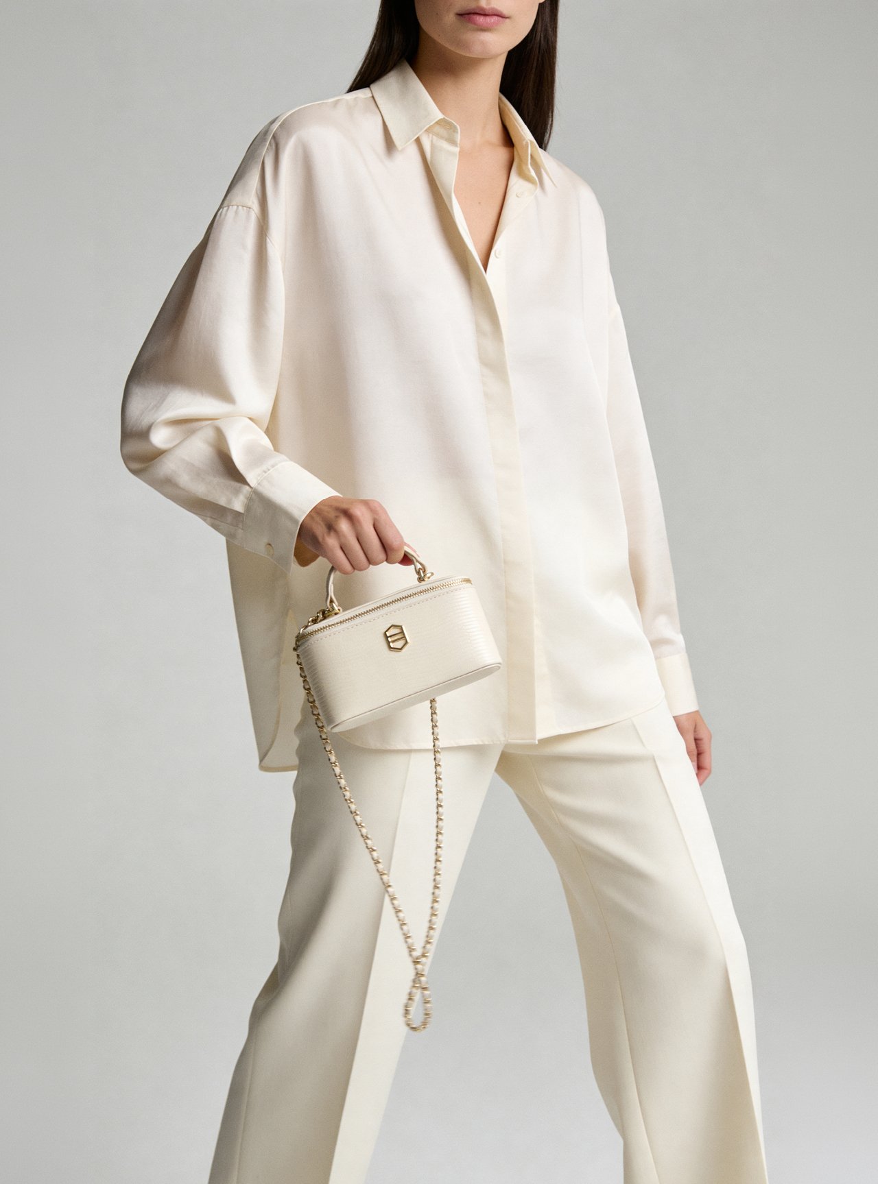 Bolsa Tiracolo Branca Couro Pequena Croco Corrente