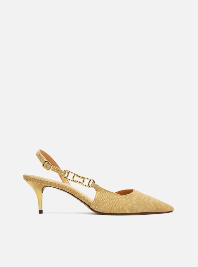 Scarpin Bege Palha Bico Fino Detalhe Metal