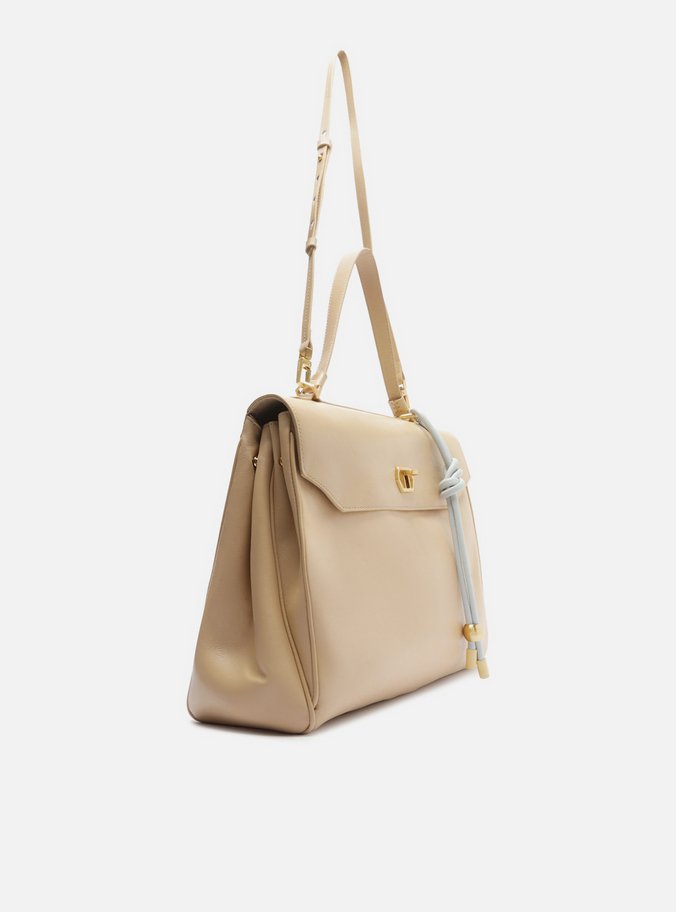 Bolsa Satchel Bege Couro Grande Bag Charm Nó